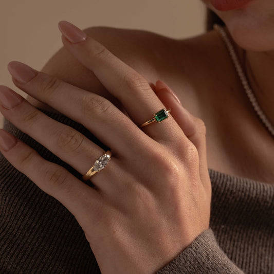 Pre-order: East West Emerald-cut Teal Tourmaline Round Band