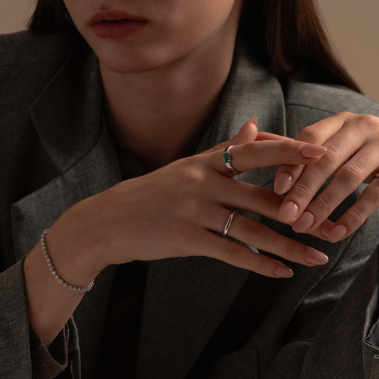 Pre-order: East West Emerald-cut Teal Tourmaline Flat Band