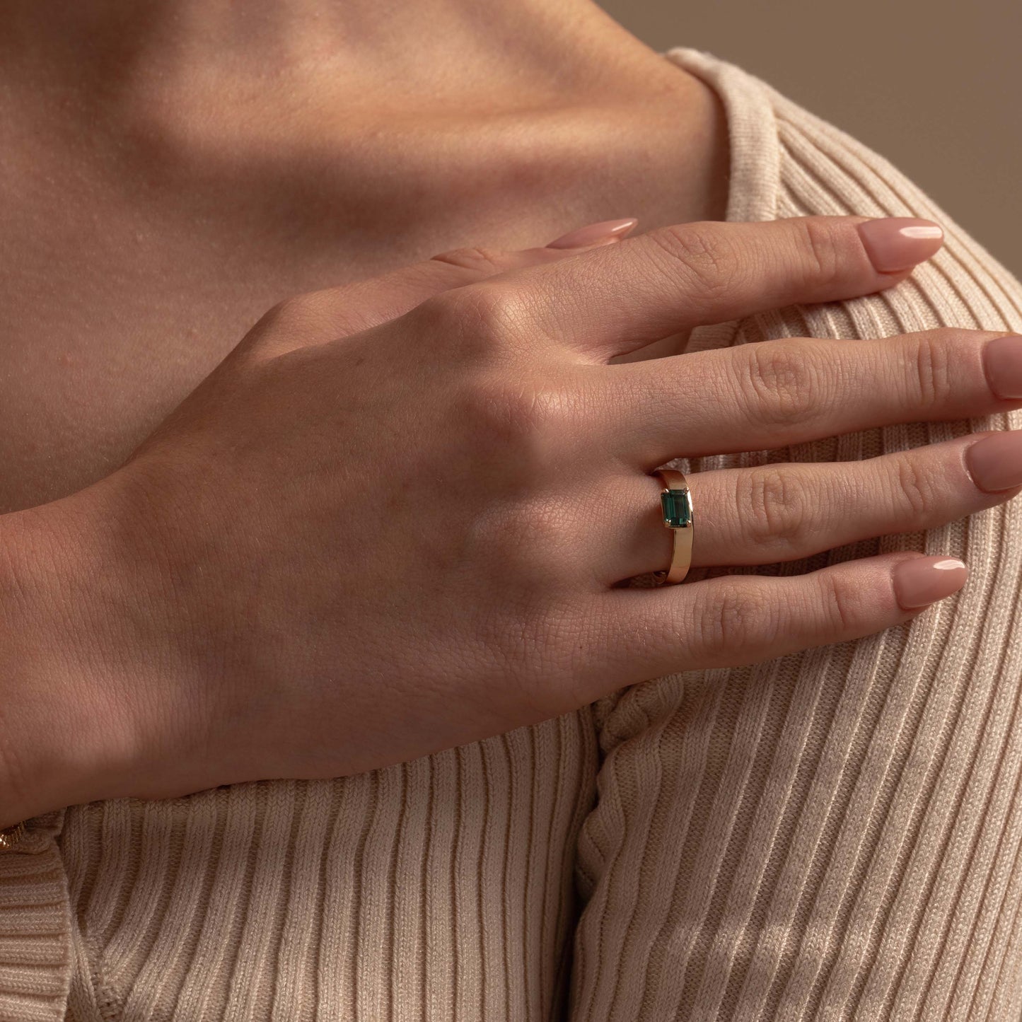 Pre-order: East West Emerald-cut Teal Tourmaline Flat Band