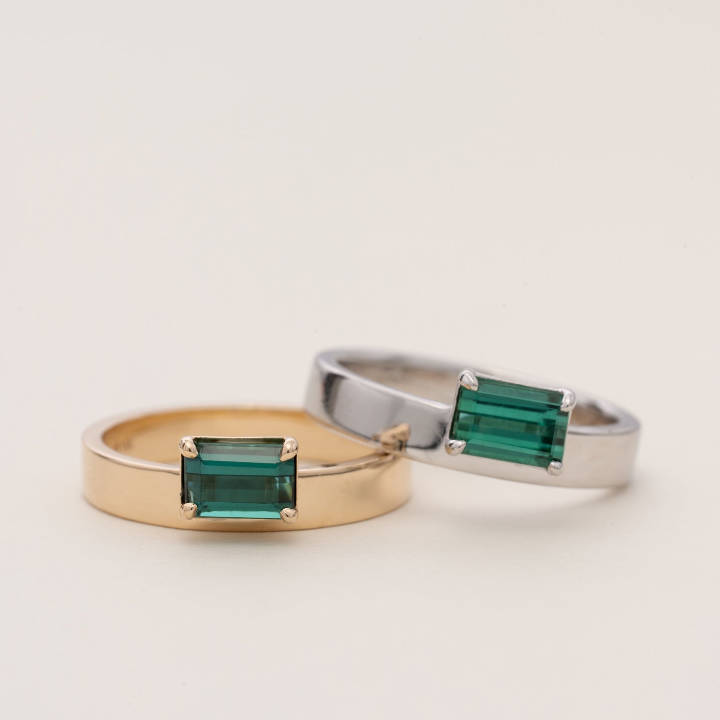 Pre-order: East West Emerald-cut Teal Tourmaline Flat Band